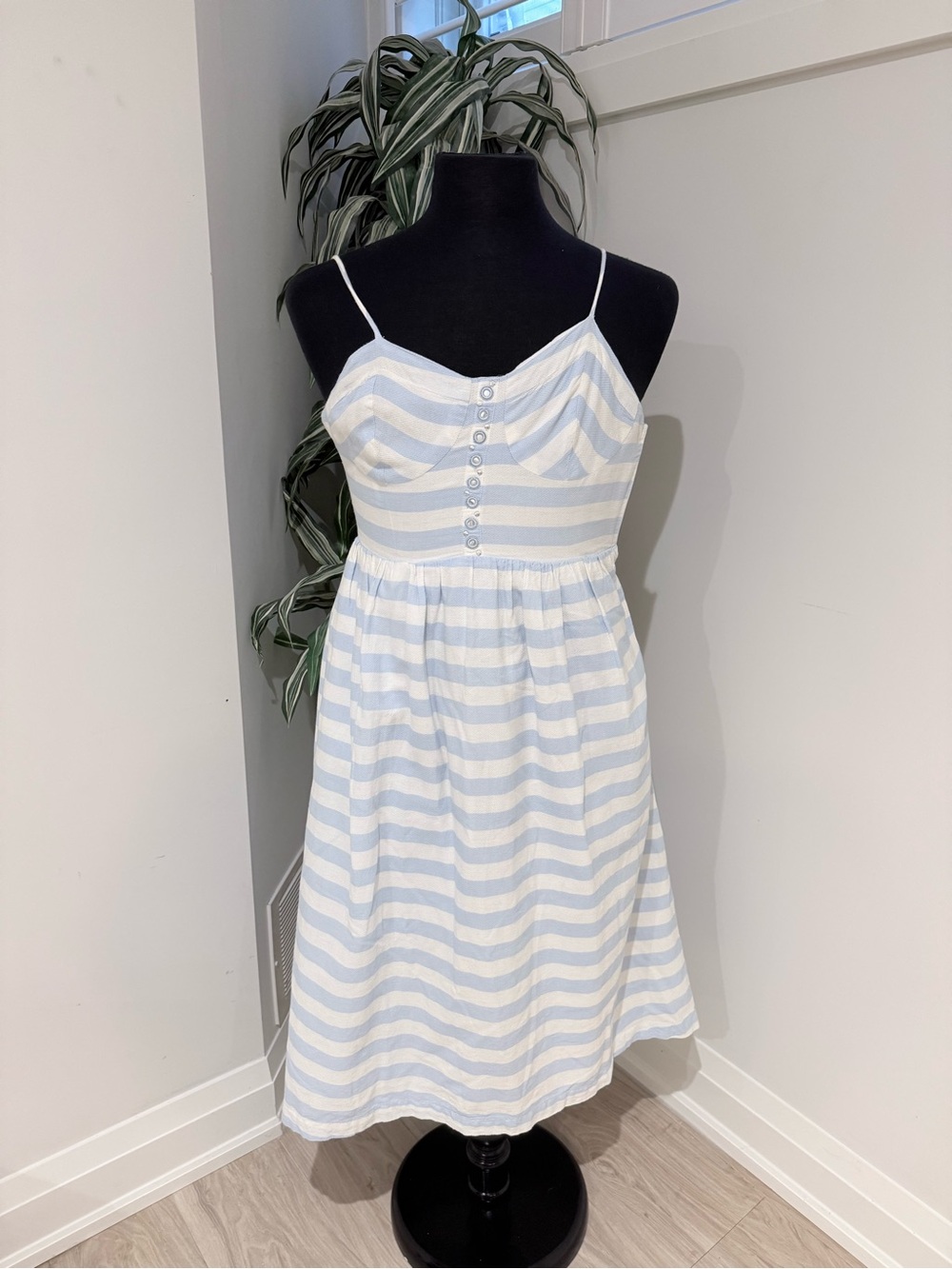 Guess Blue and White Striped Spaghetti Strap Midi Dress